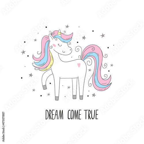 Cute cartoon character unicorn. Vector print. Unicorn and magic