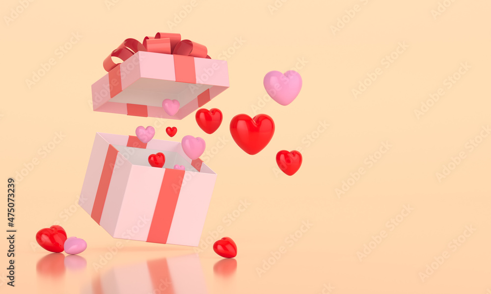 Valentine's day background. Gift box with flying hearts. 3D illustration