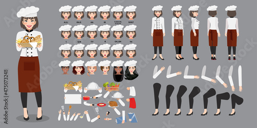 Professional Woman Chef cartoon character in uniform creation set with various views, hairstyles, face emotions, lip sync and poses. Parts of body template for design work and animation