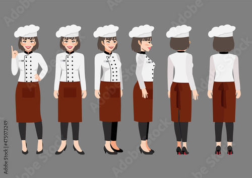 Cartoon character with Professional Woman Chef in uniform for animation. Front, side, back, 3-4 view character. Flat vector illustration