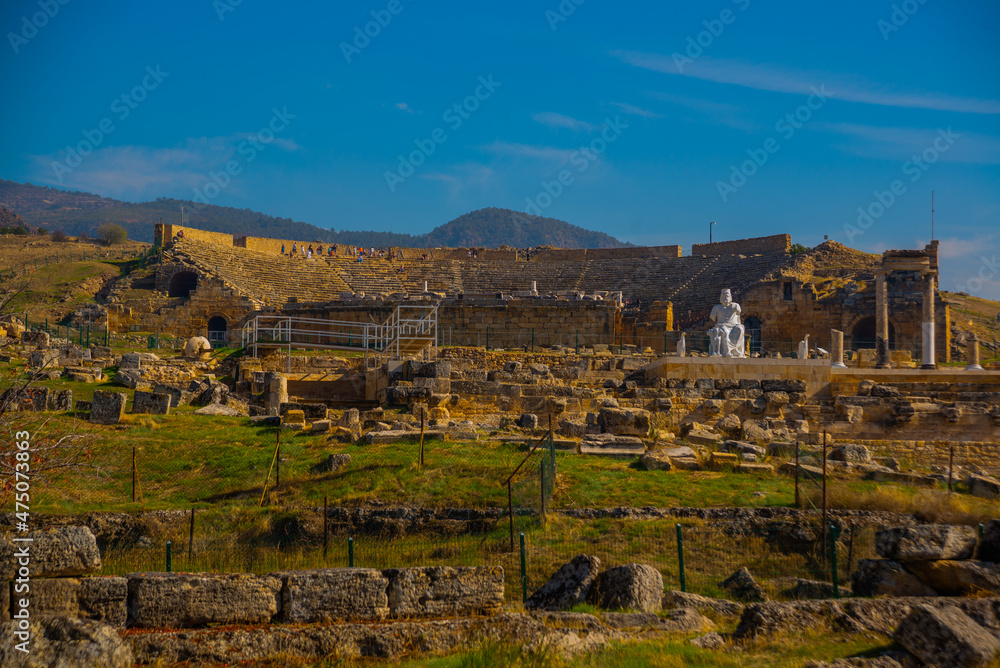 PAMUKKALE, TURKEY: View of the Pamukkale Amphitheater, the ruined city of Hierapolis.