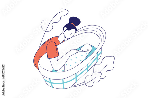 Family with newborn concept in flat line design for web banner. Mother sits next to sleeping baby in crib, motherhood and childhood modern people scene. Vector illustration in outline graphic style