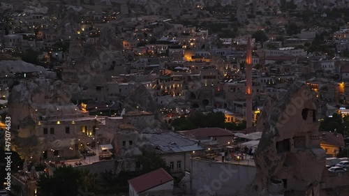 Cappadocia city view at night and traditional houses, Cappadocia, Turkey.