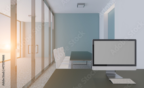 Front view of an office interior with a row of dark wood tables. 3D rendering.. Sunset.