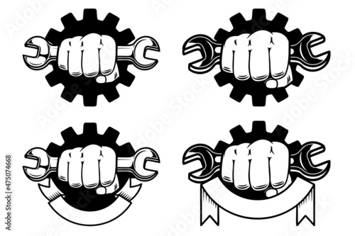 Set of emblems with human hand with wrench and gear. Design element for logo, label, sign. Vector illustration