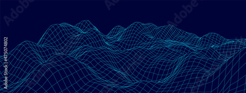 Vector mountain wireframe landscape. Technology polygonal terrain. Futuristic background.
