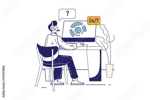 Call center concept in flat line design for web banner. Man operator answers customer messages around clock, tech support assistant modern people scene. Vector illustration in outline graphic style