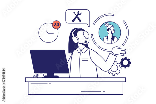 Call center concept in flat line design for web banner. Woman consultant answers customer calling, assistant tech support around clock modern people scene. Vector illustration in outline graphic style