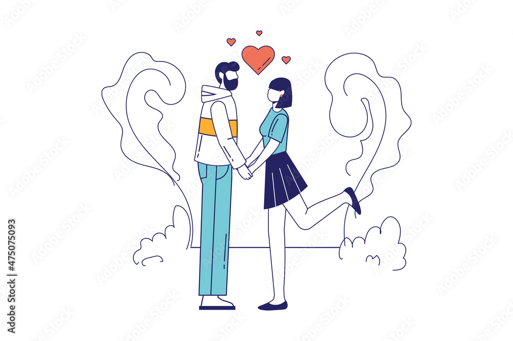 Obraz premium Valentines day concept in flat line design for web banner. Man hold hands woman. Couple in love celebrate romantic holiday together, modern people scene. Vector illustration in outline graphic style