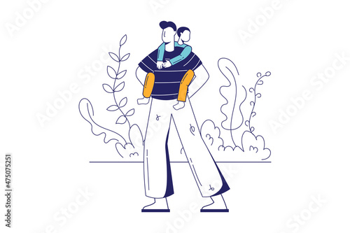 Fathers day concept in flat line design for web banner. Little son is riding his father's back. Happy family celebrate holiday, modern people scene. Vector illustration in outline graphic style