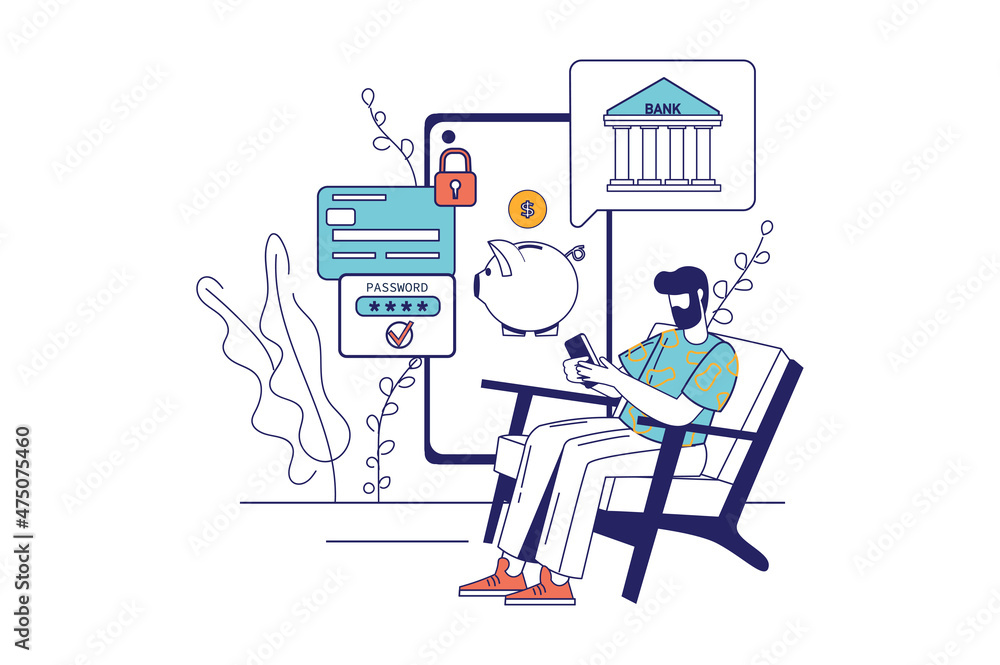 Online banking concept in flat line design for web banner. Man makes financial transactions on Internet using app on mobile phone, modern people scene. Vector illustration in outline graphic style Online banking concept in flat line design for web banner. Man makes financial transactions on Internet using app on mobile phone, modern people scene. Vector illustration in outline graphic style