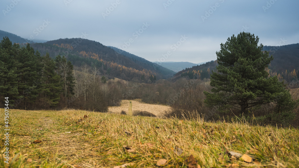 low Beskid in autumn, mountains panorama sunny weather, mountains trees clouds blue sky, end of summer in the mountains, fog mountain tourism, walk in the mountains