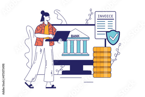 Online banking concept in flat line design for web banner. Woman pays invoice, makes financial transactions and operations in app, modern people scene. Vector illustration in outline graphic style