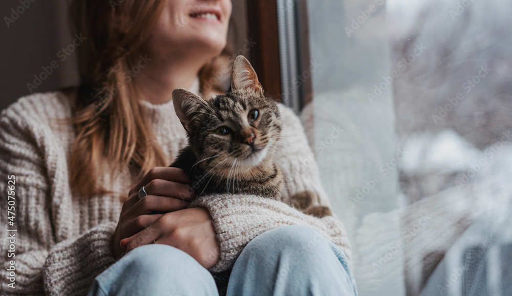 Young cheerful girl sitting at home on the windowsill in a warm sweater playing with a gray cat on a winter day - obrazy, fototapety, plakaty 