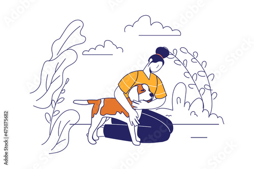 Pets with owners concept in flat line design for web banner. Woman hugging dog on walk in park. Friendly relations and animals caring modern people scene. Vector illustration in outline graphic style