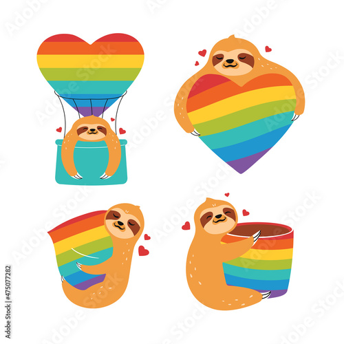 The set of sloths is hugging rainbow hearts. The collection animals for rainbow day