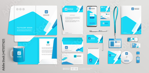 Concept Business Stationary branding mockup template of Guide, annual report cover, file folder, brochure, flyer. Stationery Brand Identity Mockup set with blue and white abstract geometric design