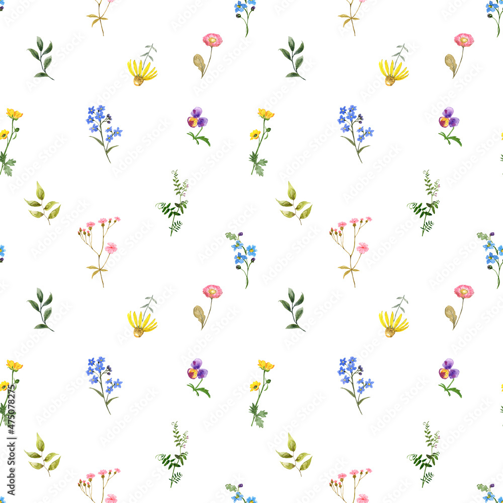 Ditsy floral seamless pattern. Watercolor small wildflowers, herbs on white background. Hand painted cute plants. Summer meadow print. Nursery design