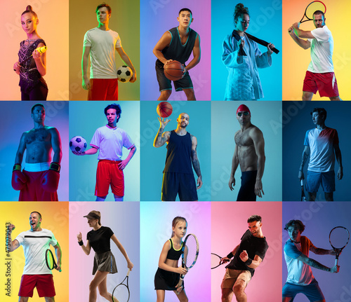 Set of images of mix-aged sportsmen, male and female athletes with sport equipment isolated on multicolor background in neon light.