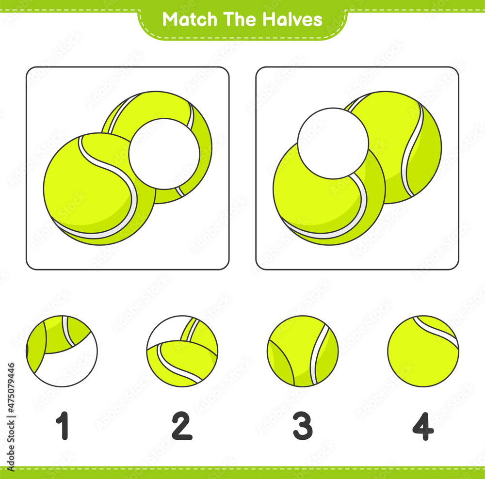 Match the halves. Match halves of Tennis Ball. Educational children game, printable worksheet, vector illustration