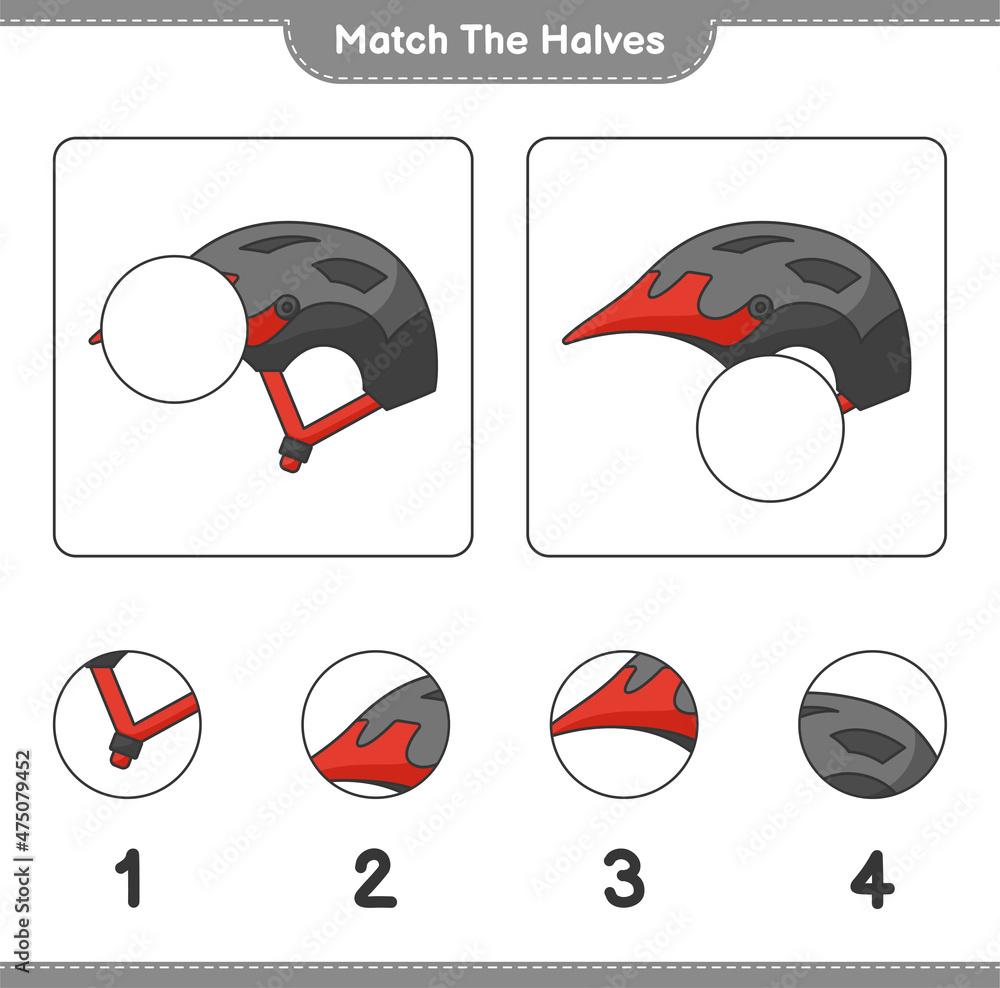Match the halves. Match halves of Bicycle Helmet. Educational children game, printable worksheet, vector illustration