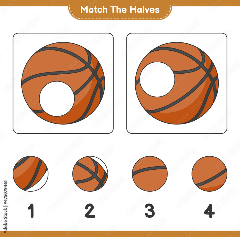 Match the halves. Match halves of Basketball. Educational children game, printable worksheet, vector illustration