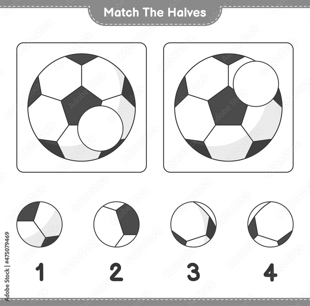 Match the halves. Match halves of Soccer Ball. Educational children game, printable worksheet, vector illustration Match the halves. Match halves of Soccer Ball. Educational children game, printable worksheet, vector illustration