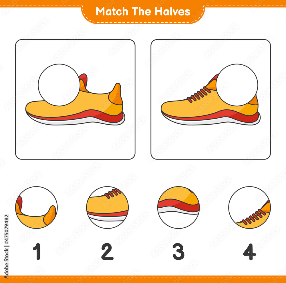 Match the halves. Match halves of Running Shoes. Educational children game, printable worksheet, vector illustration Match the halves. Match halves of Running Shoes. Educational children game, printable worksheet, vector illustration