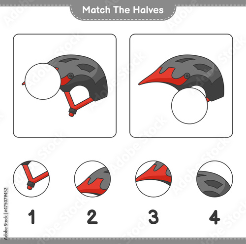 Match the halves. Match halves of Bicycle Helmet. Educational children game, printable worksheet, vector illustration © Pure Imagination
