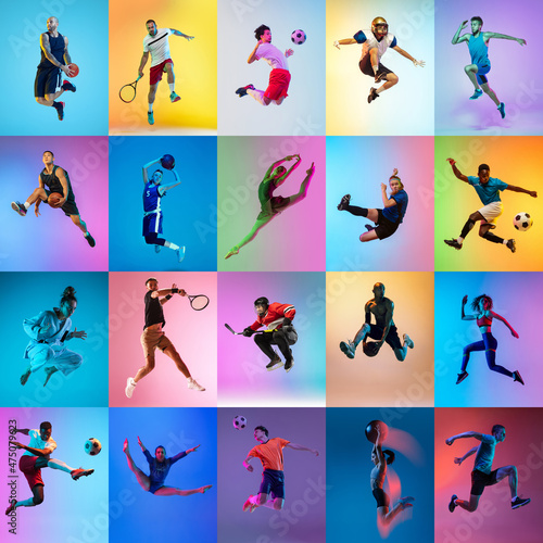 Set of images of different professional sportsmen, fit people in action, motion isolated on multicolor background in neon light.