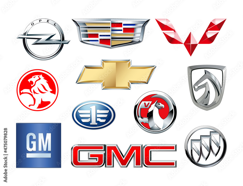 Brands of General Motors Company, such as: GMS, Chevrolet, Opel, Vauxhall,  Faw, Buick, Cadillac, Holden, Autobaojun, Wuling and Faw Jiefang, vector  illustration Stock Vector | Adobe Stock