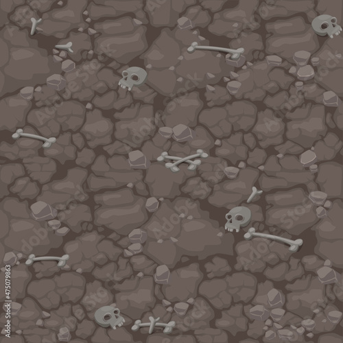 Ground seamless pattern, soil scary background with bones and skull for game design.