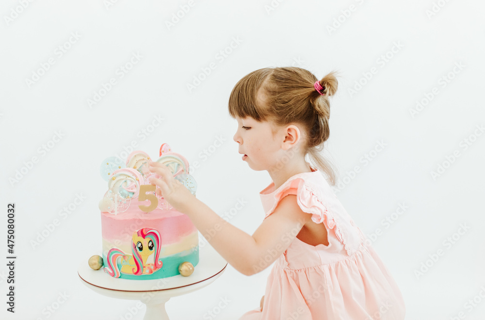 Pretty little girl celebrate her five years old Birthday. Cute child is wearing pink dress on the white background