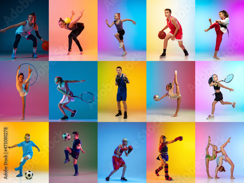 Set of images of young sportsmen, little boys and girls in action, motion isolated on multicolor background in neon light.