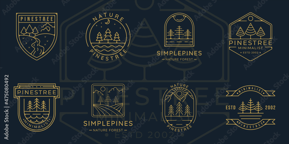 set of pines tree logo line art simple vector illustration template icon graphic design. bundle collection of pine at nature with various badge and typography