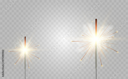 Magical light. Sparkler. Candle sparkling on the background. Realistic vector light effect. Winter, seasonal christmas decoration illustration.	
