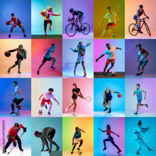 Set of images of different professional sportsmen, fit people in action, motion isolated on multicolor background in neon light.