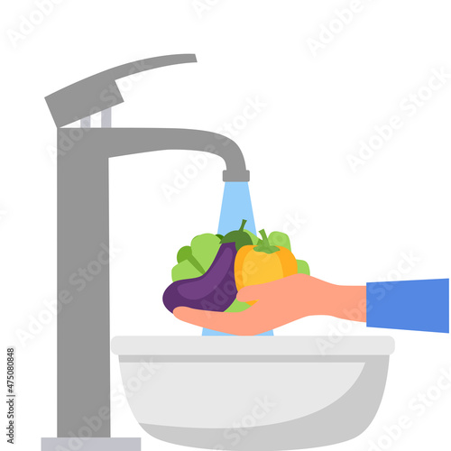 Washing vegetables before cooking concept vector illustration. Housewife cleaning vegetables with a lot of water.