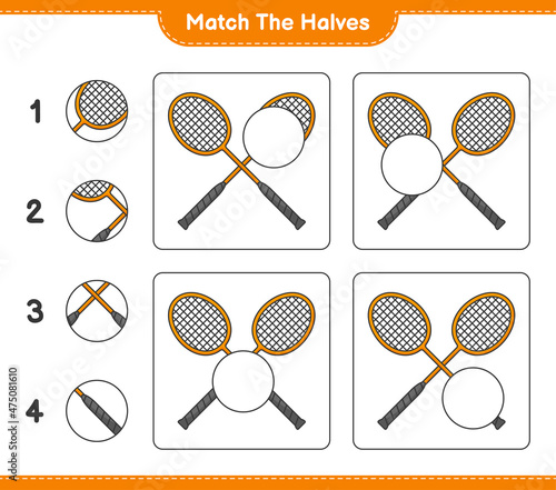 Match the halves. Match halves of Badminton Rackets. Educational children game, printable worksheet, vector illustration