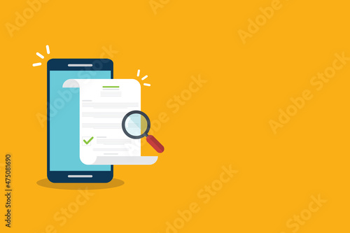 Online digital document inspection or assessment evaluation on mobile phone, contract review, analysis, inspection of agreement contract, compliance verification. Vector illustration	
