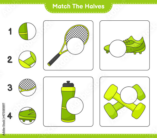 Match the halves. Match halves of Water Bottle, Tennis Racket, Soccer Shoes and Dumbbell. Educational children game, printable worksheet, vector illustration