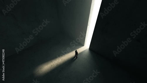 Perspective view of Person go to the opened doors with lights