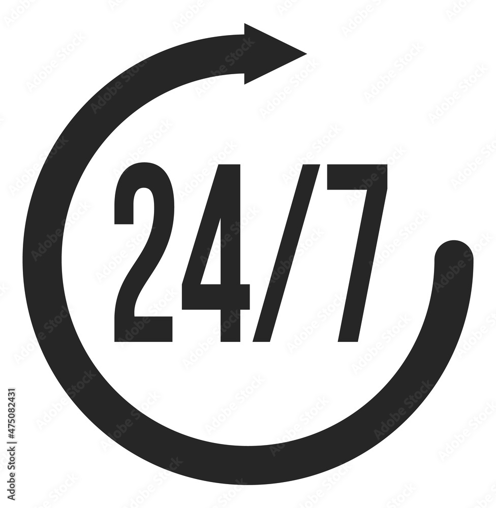 24 hours 7 days service icon in black round arrow 24 hours 7 days service icon in black round arrow