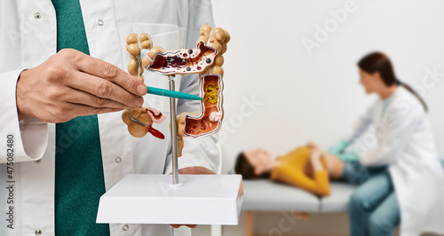 Anatomical intestines model with pathology in doctor hands. Gastroenterologist palpates patient abdomen and examines belly at clinic over background