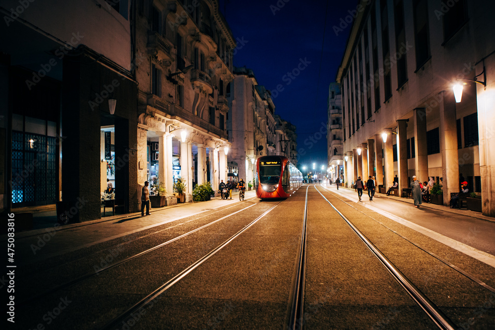 street in the night Casablanca tram