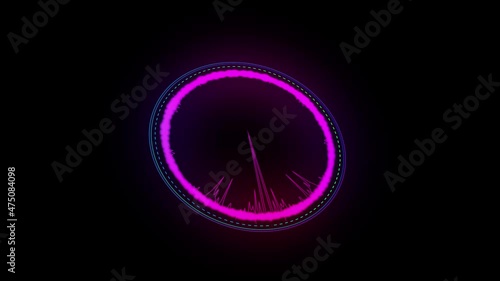 Sound wave design glowing animated circle. Equalizer. Vibrating audio spectrum simulation on black background. Horizontal or vertical motion graphic video render