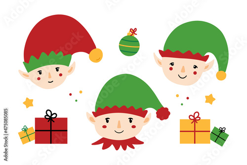 Set, collection of cute christmas elves in hats with gift boxes, presents and christmas ornaments. Vector icons, illustration. 