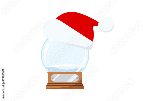 Christmas snow globe ball with Santa hat and falling snow on a wooden base with a metal plate isolated on white background. Vector flat design cartoon style winter toy illustration.