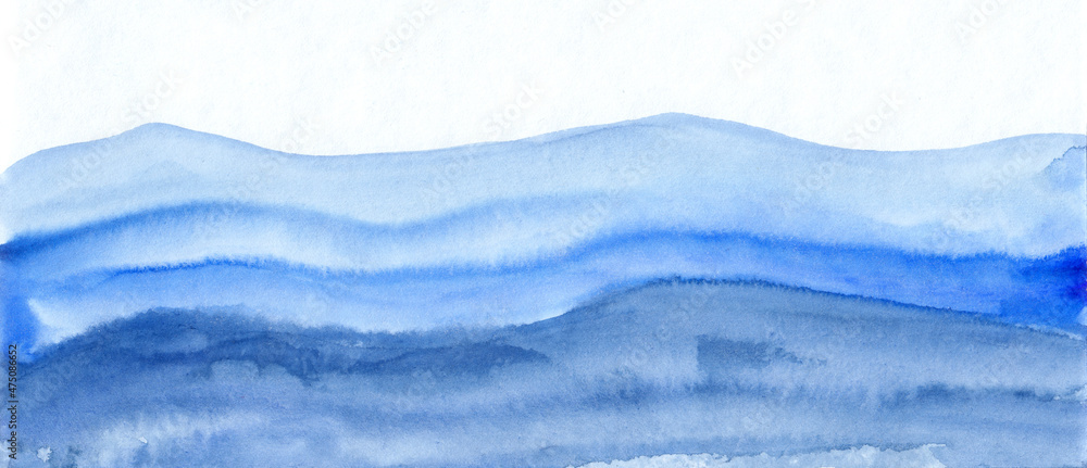 Obraz premium Chinese Ink painting of tranquil smooth blue Asian mountains. Peaceful wide layers of rocks and valleys. Watercolor oriental landscape. Soothing meditation background. Abstract panoramic artwork.