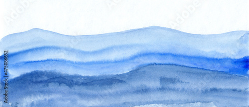 Chinese Ink painting of tranquil smooth blue Asian mountains. Peaceful wide layers of rocks and valleys. Watercolor oriental landscape. Soothing meditation background. Abstract panoramic artwork.